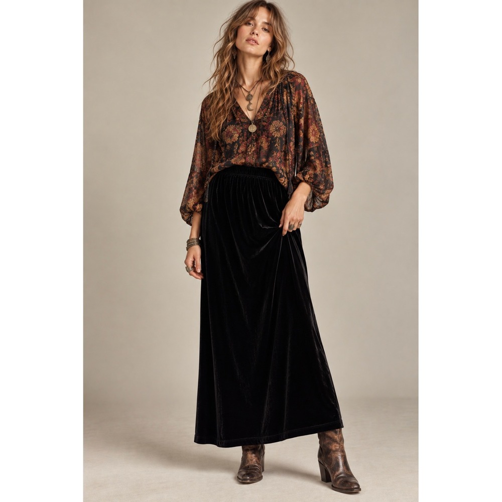 Vintage TR Bentley Velvet Maxi Skirt Large Black 90s Grunge Whimsigoth Witchy